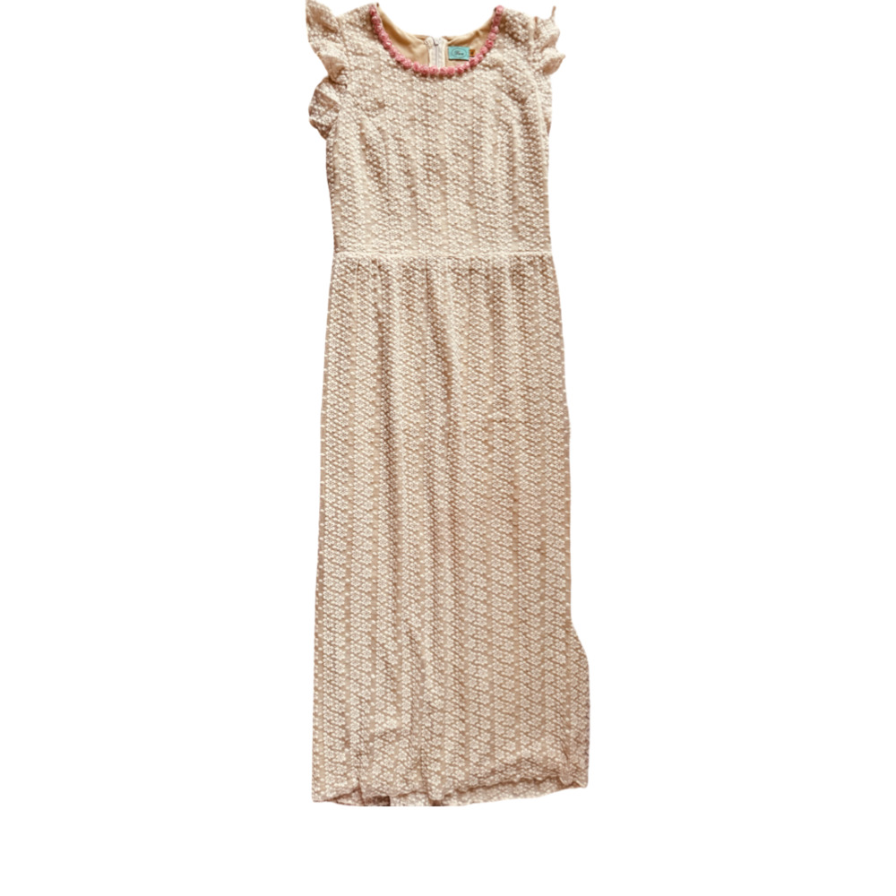 Dôen Textured Cream Floral Midi Dress with Rosebud Collar Trim